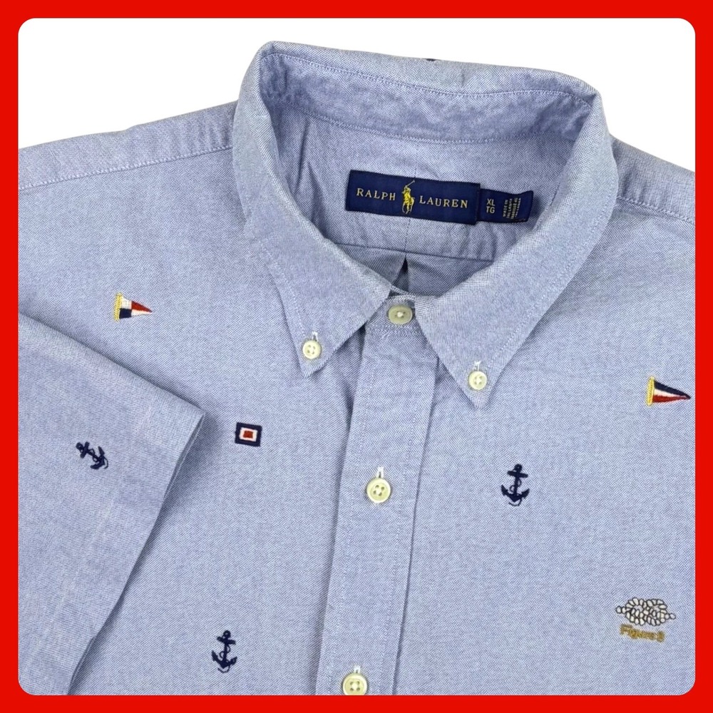Ralph‎ Lauren Nautical Oxford Shirt Men XL Blue Cotton Short Sleeve Embroidered